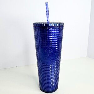 24oz Starbucks ‘Cobalt Blue Pearl Grid’ Glitter Tumbler + straw Venti Cold Cup‎
